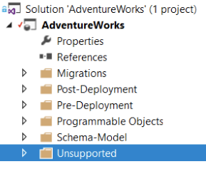A SQL Change Automation Project with a folder named 'Unsupported'