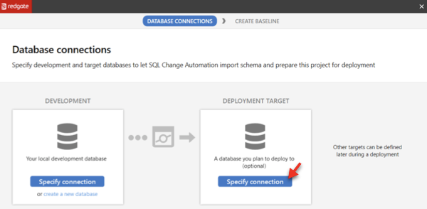 A screenshot of where a target database may be specified in the SQL Change Automation setup wizard