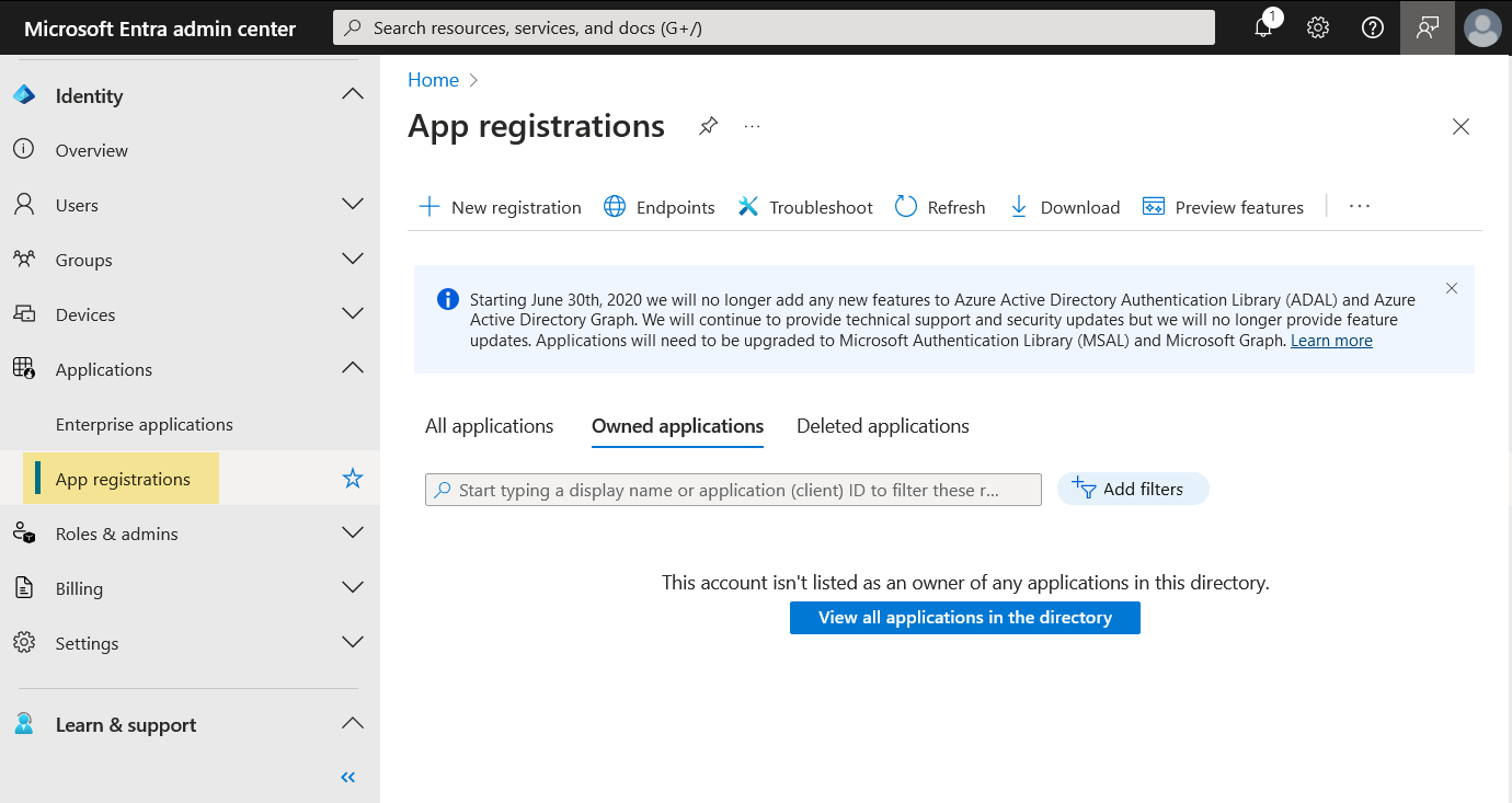 Screenshot showing navigation to 'App registrations' in Entra