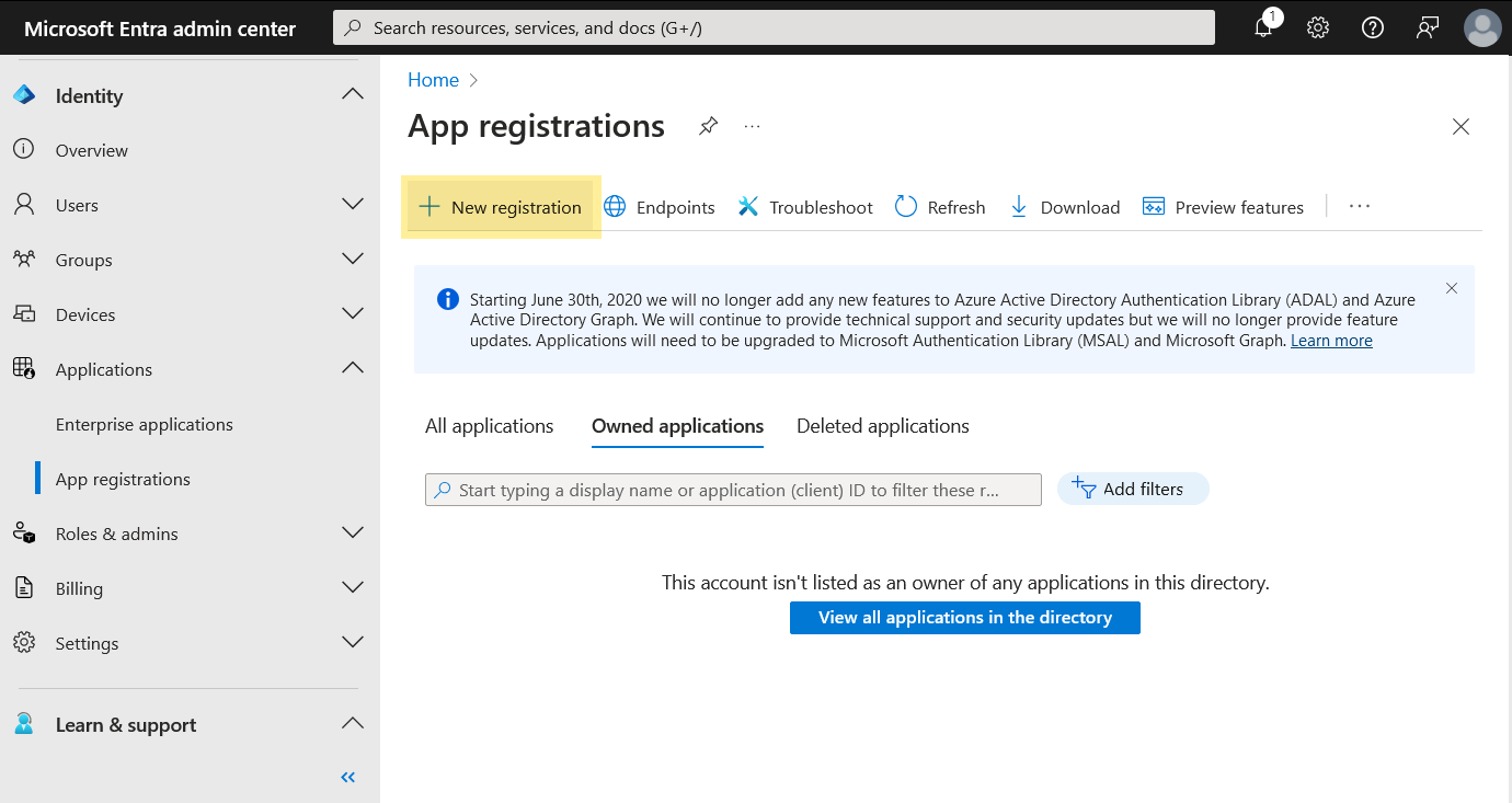 Screenshot showing 'New registration' button in Entra