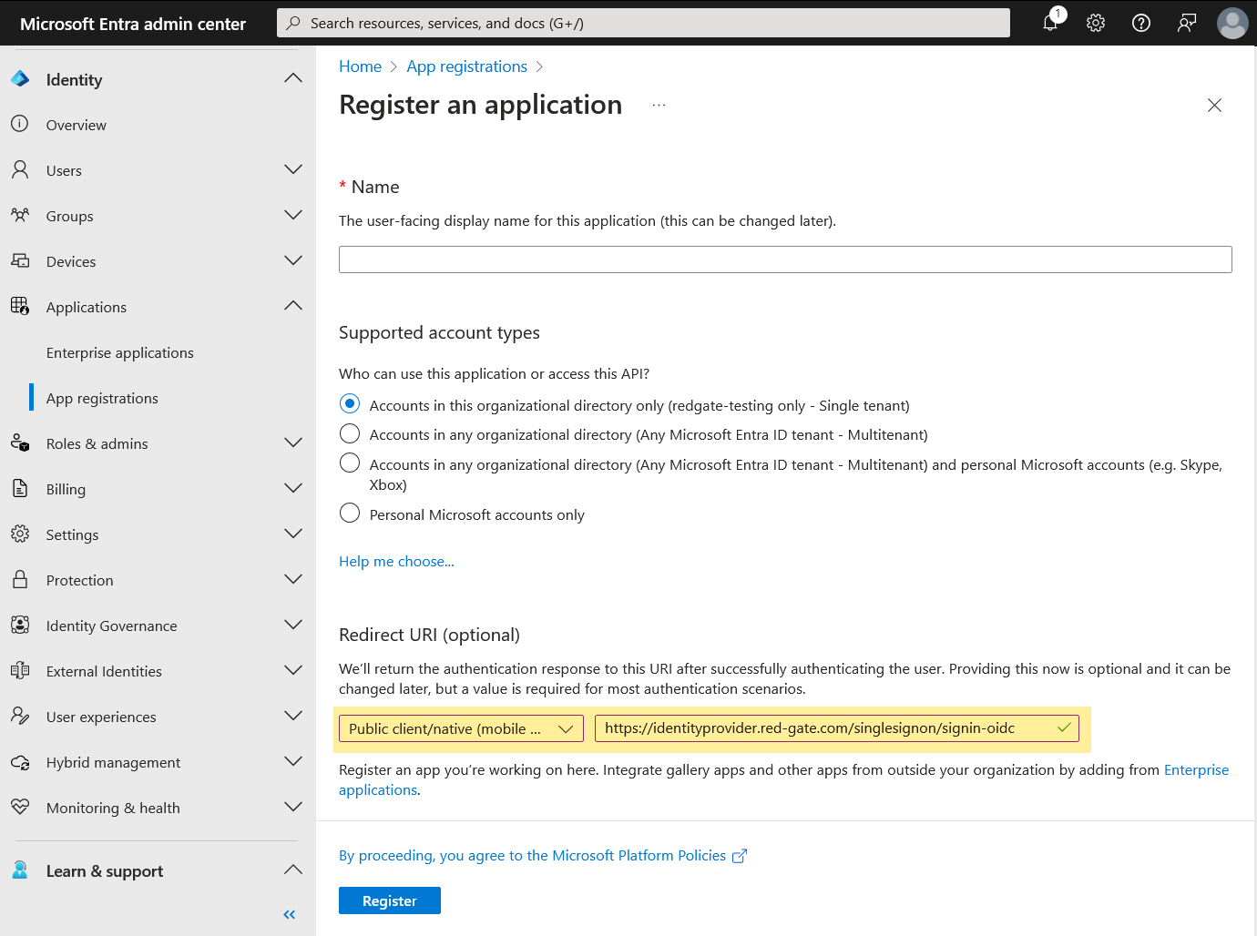 Screenshot showing how to set the Redirect URI when registering an application in Entra