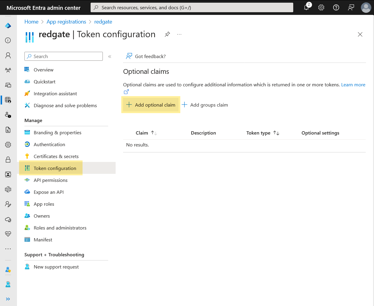 Screenshot showing adding an optional claim to the app's token configuration in Entra