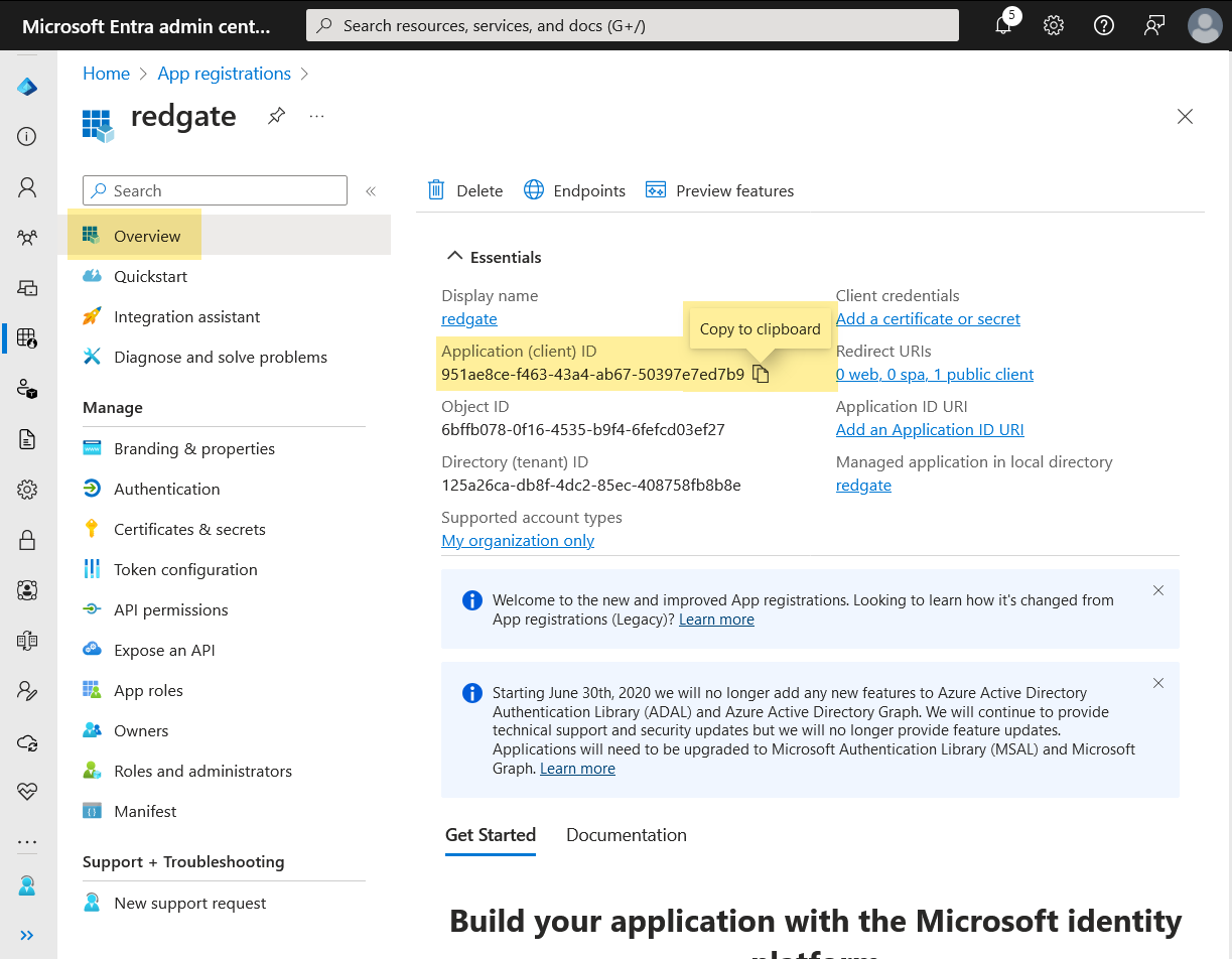 Screenshot showing the Application (client) ID from the app registration overview in Entra