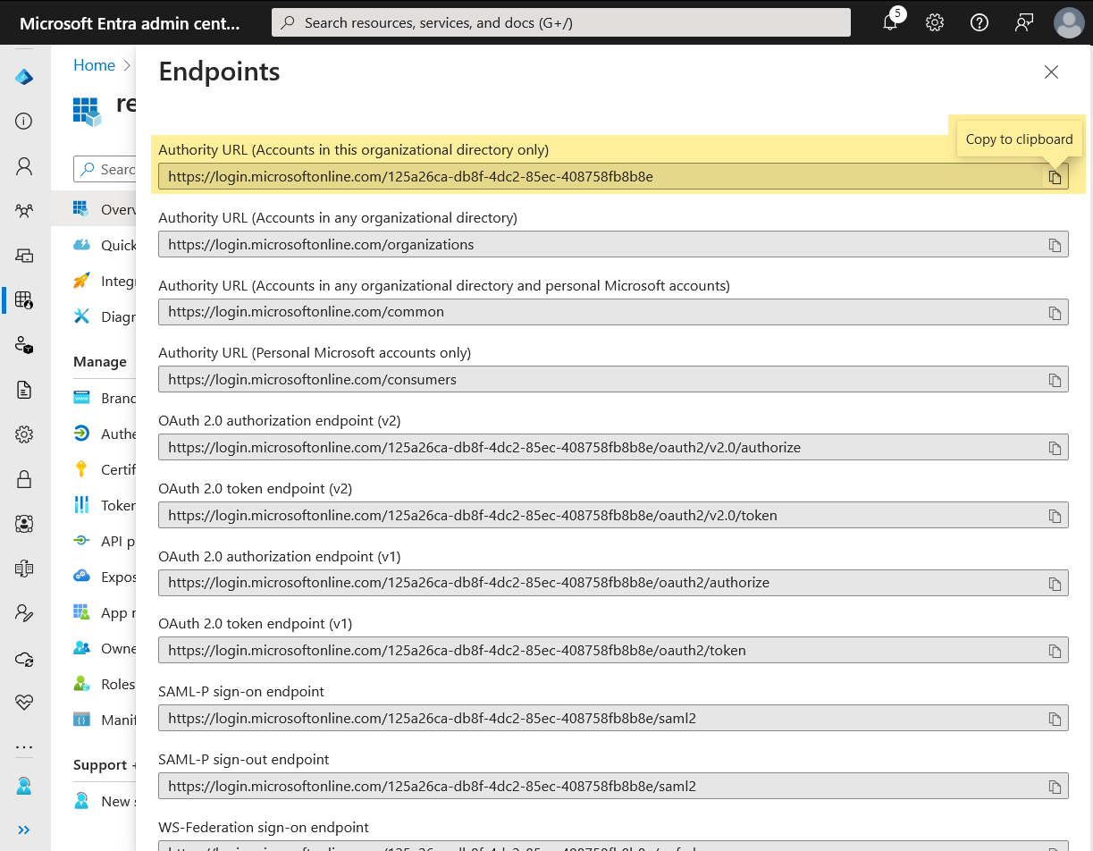 Screenshot showing the 'Authority URL' in Entra