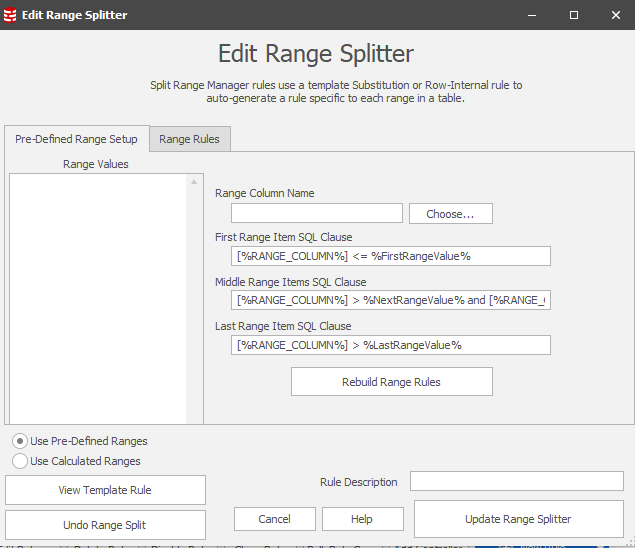 The edit range splitter form