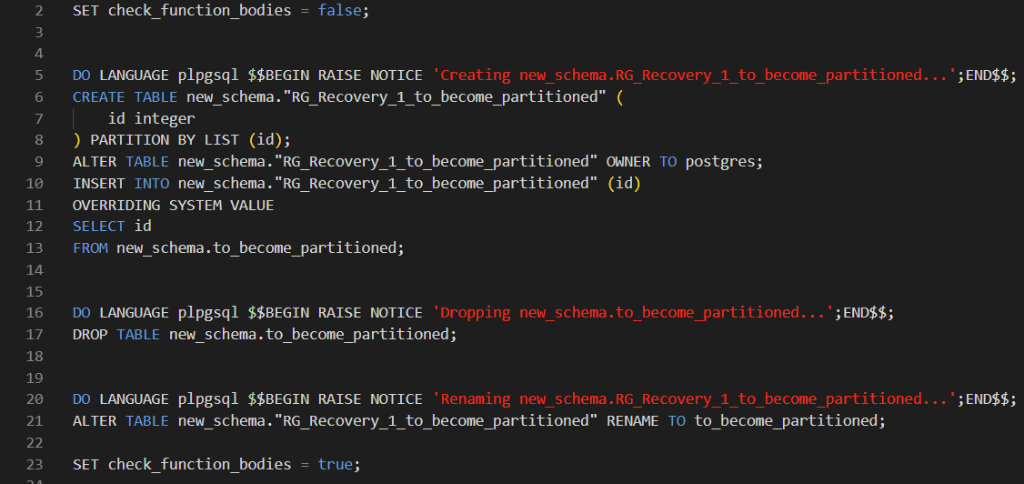 Generated script for regular table to partitioned table conversion