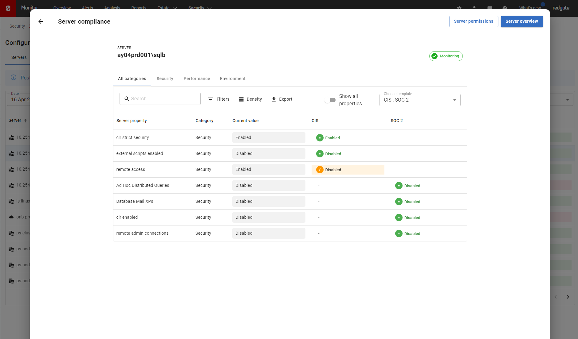 Server compliance properties