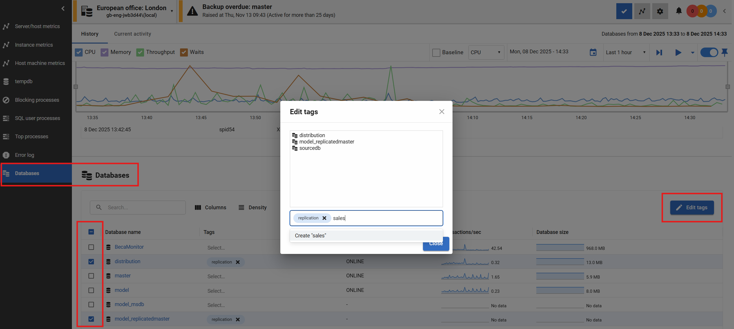 Screenshot showing edit tags dialog on databases section of SQL Server overview
