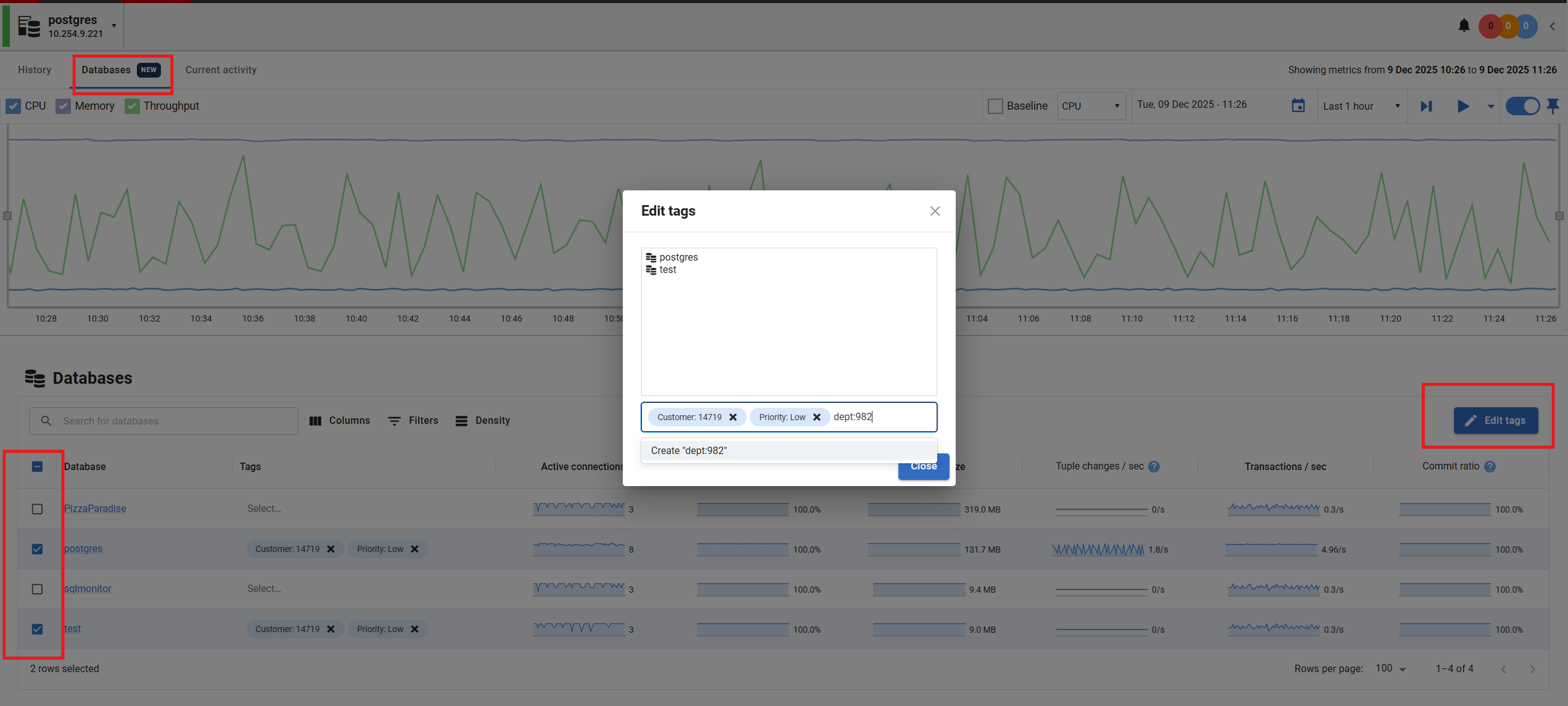 Screenshot showing edit tags dialog on databases tab of PostgreSQL server overview