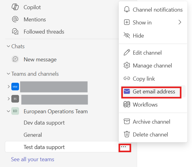 Screenshot of Microsoft Teams more options menu