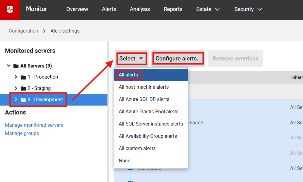 Screenshot of Redgate Monitor alert settings selection