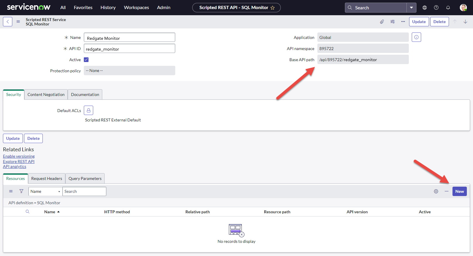 Screenshot of ServiceNow showing a newly created Scripted REST API service with the Base API path highlighted and an option to create a new resource
