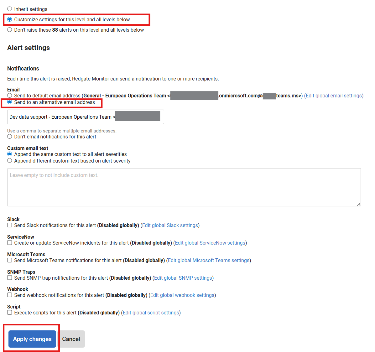 Screenshot of alert settings configuration