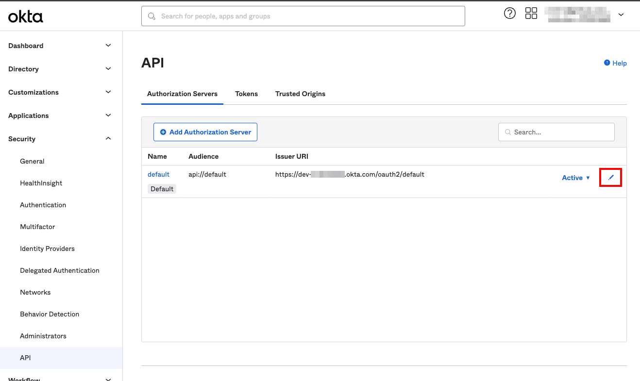 Okta's API page, with a red square highlighting the edit button for the default authorization server.