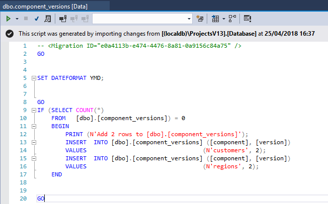 Imported script with DML to add new component version rows
