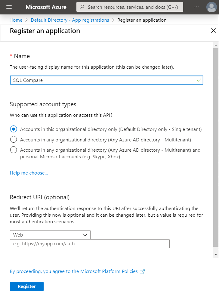 Azure Active Directory app registration dialog