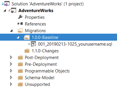 A view of the 1.0.0-Baseline folder in a SQL Change Automation Project. This is a sub-folder of the 'Migrations' folder.