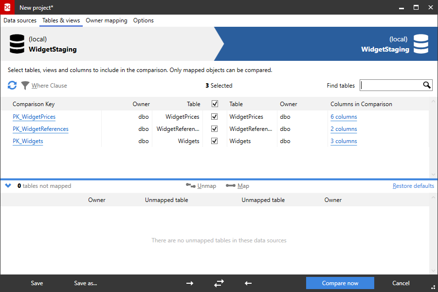 Selecting tables and views - SQL Data Compare 16 - Product Documentation