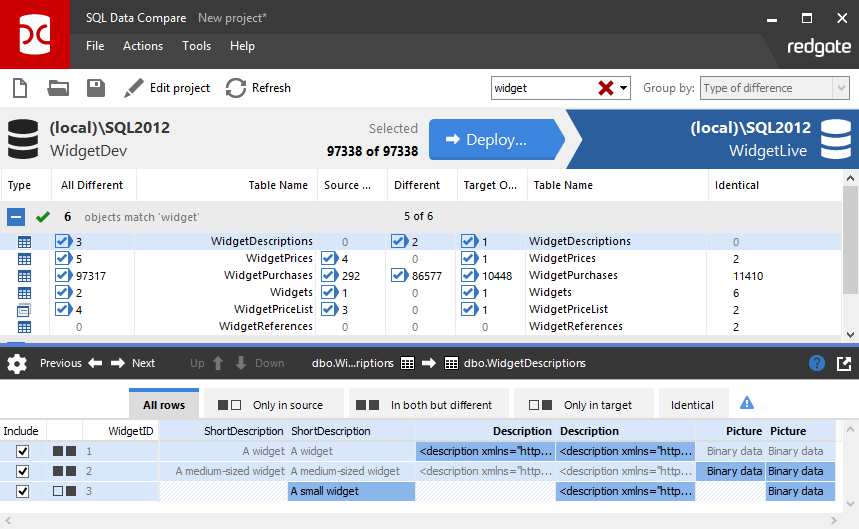 Worked example - deploying data in two databases - SQL Data Compare 15 ...
