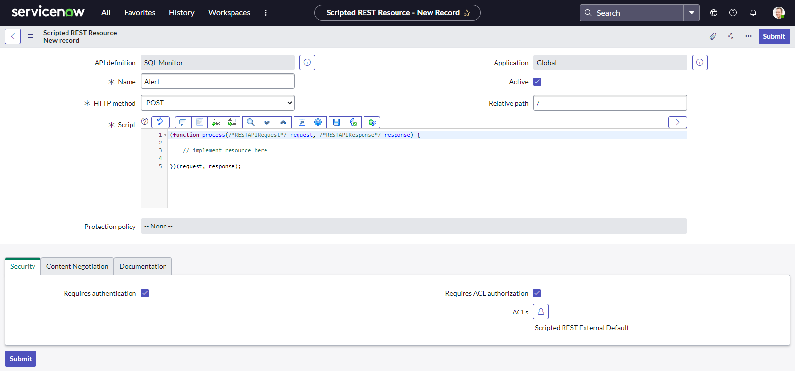 Screenshot of ServiceNow showing details of a new Scripted REST API resource, with fields for defining the name, HTTP method, and script