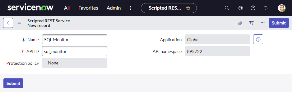 Screenshot of ServiceNow showing basic details for creating a new Scripted REST API service