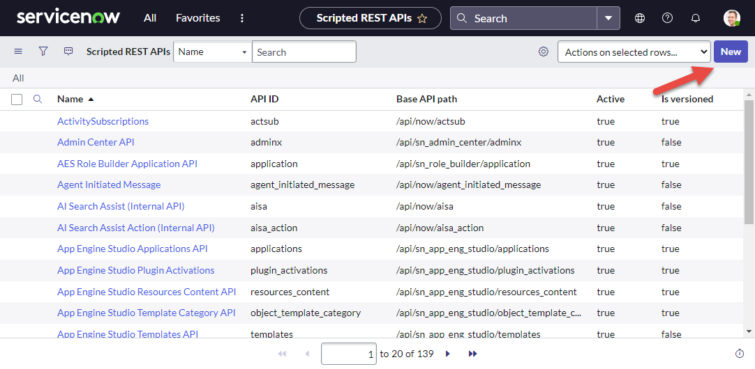 Screenshot of ServiceNow showing the list of existing Scripted REST APIs with new button highlighted