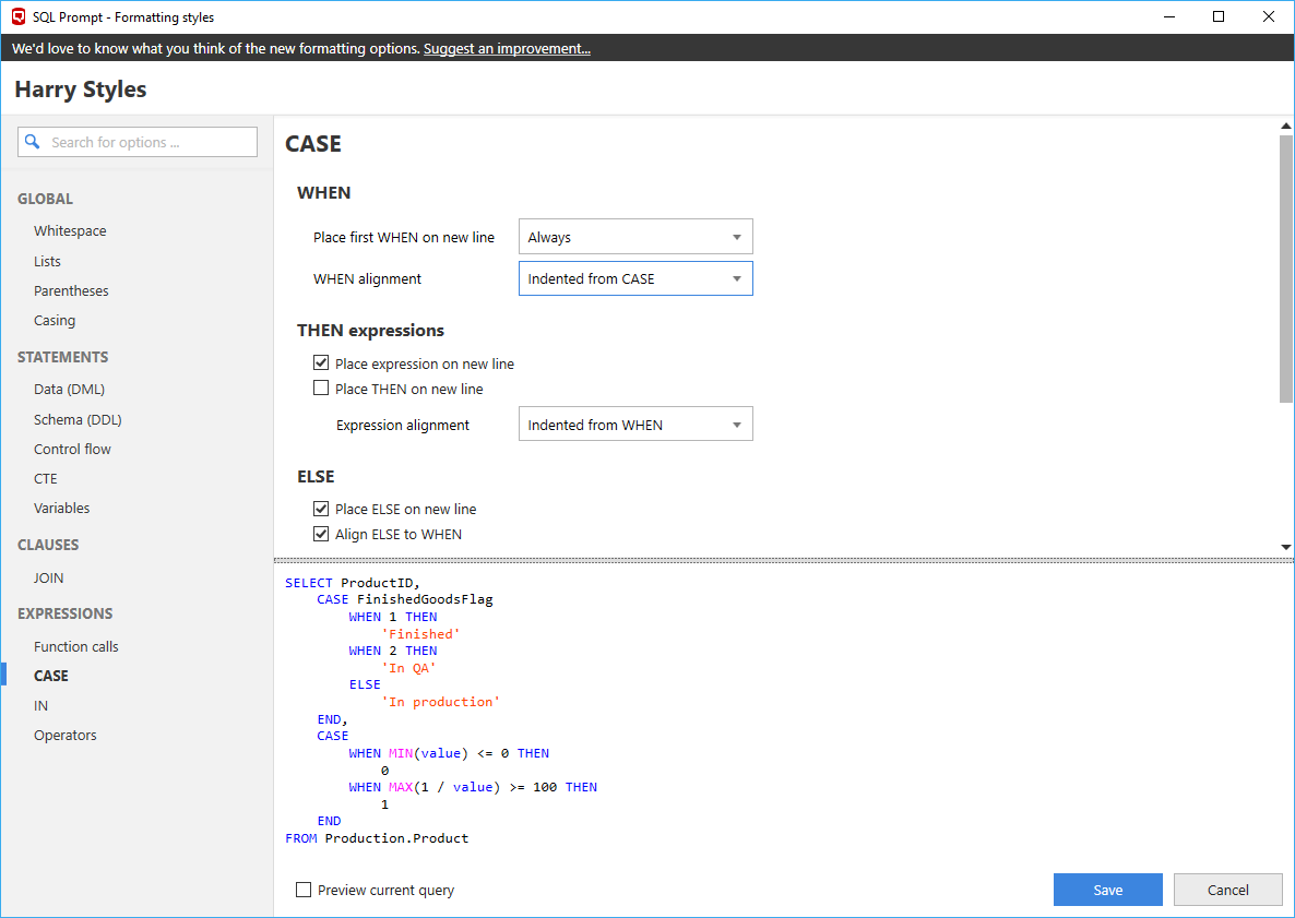 Customizing your Formatting Style - SQL Prompt 11 - Product Documentation