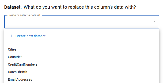 Screenshot of the drop-down menu showing the Create new dataset button and list of existing data sources